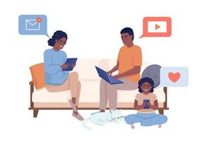 familia sentada en un sofá con gadgets personajes vectoriales de color semiplano. figuras editables. personas de cuerpo completo en blanco. ilustración de estilo de dibujos animados simple para diseño gráfico web y animación vector