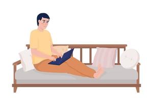 Young man with laptop sitting on couch comfortably semi flat color vector character. Editable figure. Full body person on white. Simple cartoon style illustration for web graphic design and animation