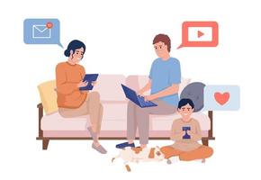 Family members sitting on couch with devices semi flat color vector characters. Editable figures. Full body people on white. Simple cartoon style illustration for web graphic design and animation