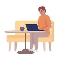 Man working remotely on laptop from coffeehouse semi flat color vector character. Editable figure. Full body person on white. Simple cartoon style illustration for web graphic design and animation