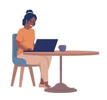 Woman working on laptop and drinking coffee semi flat color vector character. Editable figure. Full body person on white. Simple cartoon style illustration for web graphic design and animation