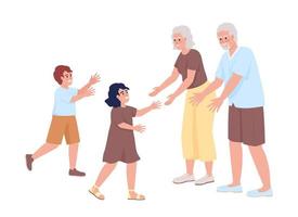 la abuela y el abuelo saludan a los nietos personajes vectoriales de color semiplano. figuras editables. personas de cuerpo completo en blanco. ilustración de estilo de dibujos animados simple para diseño gráfico web y animación vector