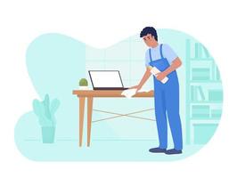 Reducing household dust service 2D vector isolated illustration. Housekeeper wiping table with laptop flat character on cartoon background. Colorful editable scene for mobile, website, presentation