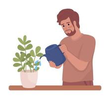 hombre regando plantas de interior carácter vectorial de color semiplano. tarea de jardinería. figura editable. persona de medio cuerpo en blanco. ilustración de estilo de dibujos animados simple para diseño gráfico web y animación vector