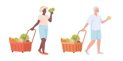 jubilados con carrito de compras y verduras juego de caracteres de vector de color semiplano. figuras editables. personas de cuerpo completo en blanco. ilustración de estilo de dibujos animados simple para diseño gráfico web y animación