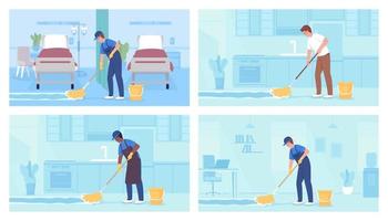 Floor cleaning services flat color vector illustrations set. Professional cleaner. Domestic chores. Fully editable 2D simple cartoon characters with light blue interior collection on background