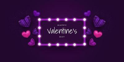 Valentines Day Banner with Cute Realistic Heart Illustration Isolated on Purple Background. Valentine Typography vector