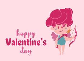 Happy Valentine s Day poster with angel cupid, hearts, and confetti. Festive background for February 14 with hand lettering. Vector design for postcards, advertising material, websites.