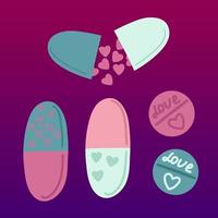 Set of capsules with hearts inside, 3D vector isolated on white background. Open and closed pill with hearts on a light background. Concept for St. Valentine s Day pill with hearts, love tablet.