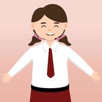 lementary School girl and Boy Student Wearing Red and White Uniform. Cartoon Vector Illustration. Portrait of an elementary school student. School students children with backpacks, books, macbook.