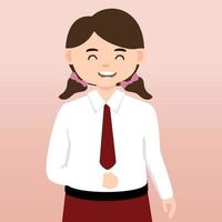 lementary School girl and Boy Student Wearing Red and White Uniform. Cartoon Vector Illustration. Portrait of an elementary school student. School students children with backpacks, books, macbook.