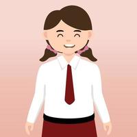 lementary School girl and Boy Student Wearing Red and White Uniform. Cartoon Vector Illustration. Portrait of an elementary school student. School students children with backpacks, books, macbook.