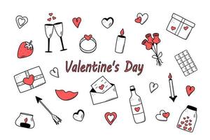 Doodle icons set for Valentines Day or wedding. Vector illustration of romantic accessories candles hearts ring bottle and glasses of wine, strawberry chocolate gift lips.