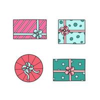 Gift boxes with bows. Vector illustration of colored icons of a festive present in a package. Isolated on white, a set of boxes in wrapping paper.