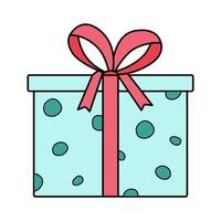 Gift box with bow. Vector illustration of colored icon of a festive present in a package. Isolated on white, box in wrapping paper.