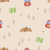 Seamless Pattern Camping icons set. Vector illustration of hiking elements. Mountains, backpack, forest map.