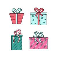 cajas de regalo con lazos. ilustración vectorial de iconos de colores de un presente festivo en un paquete. aislado en blanco, un conjunto de cajas en papel de regalo. vector