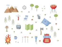 Camping icons set. Vector illustration of hiking elements. Isolated on white sketch, hiking logo concept.