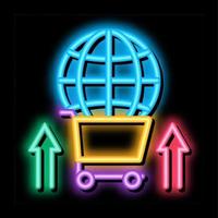 esfera de asociación de venta internacional en ilustración de icono de brillo de neón de carrito de mercado vector