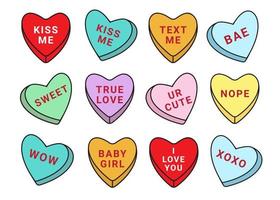 Vector set bundle of different color Valentines candy with love text