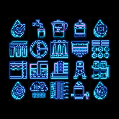 Water Treatment Items Vector neon glow icon illustration