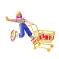 imagem de compras on-line feminina de desenho animado de renderização 3D png