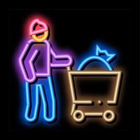 homeless with bag in shop cart neon glow icon illustration vector