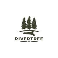 Pine trees evergreen with river creek logo vector illustration design template, vector illustration for outdoor logo design inspiration