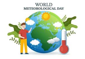 ilustración del día meteorológico mundial con ciencia meteorológica e investigación del clima en dibujos animados planos dibujados a mano para plantillas de página de destino vector