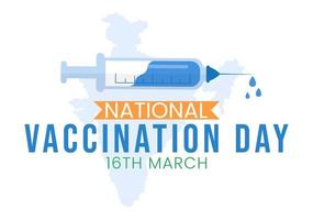 día nacional de vacunación el 16 de marzo ilustración con jeringa de vacuna para una fuerte inmunidad en dibujos animados planos dibujados a mano en la plantilla de la página de destino vector