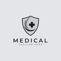 Escudo de diseño de logotipo cruzado médico. plantilla de logotipo de seguro de salud. acceso a la salud hospitalaria vector