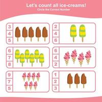 Counting summer items for preschool. Printable math worksheet. Count the images and match the answer. Vector file.