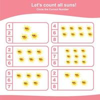 Counting summer items for preschool. Printable math worksheet. Count the images and match the answer. Vector file.