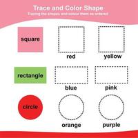 Trace and coloring activity for children. Exercise for children to recognize colors and shapes. Educational worksheet for preschool. Vector file.