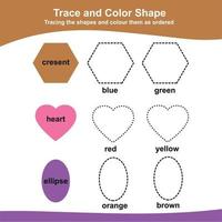 Trace and coloring activity for children. Exercise for children to recognize colors and shapes. Educational worksheet for preschool. Vector file.