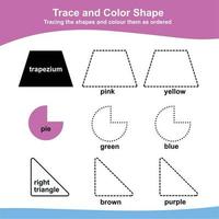 Trace and coloring activity for children. Exercise for children to recognize colors and shapes. Educational worksheet for preschool. Vector file.