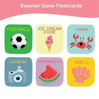 Summer Game Flashcards for Preschool Children. Cute flashcards for kids education. Educational printable game cards. Vector illustration.