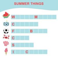 Summer Things Names Worksheet. Educational activity for preschool kids. Preschool Education. Vector illustration.