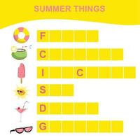 Summer Things Names Worksheet. Educational activity for preschool kids. Preschool Education. Vector illustration.