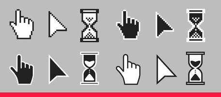 Pointer hand, arrow and hourglass loading clock mouse cursors vector