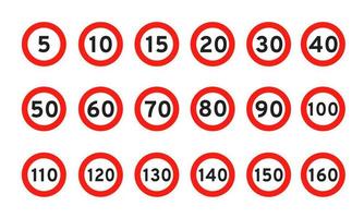 Speed limit 5, 10, 15, 20, 30, 40, 50, 60, 70, 80, 90, 100 round road traffic icon sign flat style design vector illustration set.