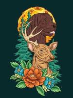 tatuaje de perro y ciervo con bosque de flores vector