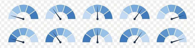Blue scale meter with low, high and medium bar. Level risk graph or control quality. Vector isolated illustration