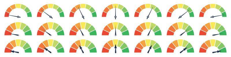 conjunto de diferentes elementos de calibre de medidor. barómetros verde y rojo, alto y bajo, nivel malo y bueno o escala de riesgo. ilustración vectorial aislada vector