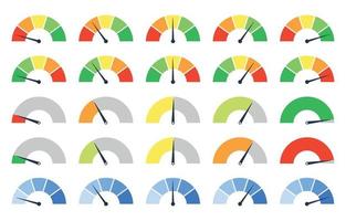 Set of different colorful speedometers, meter gauge element, ratings of varying degrees of satisfaction. Level indicator collection. Vector isolated illustration