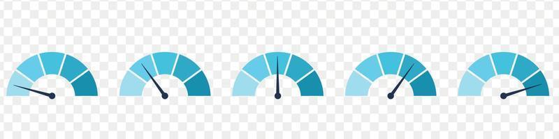 Blue scale meter with low, high and medium bar. Level risk graph or control quality. Vector isolated illustration