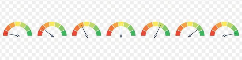 Set of speedometer, speed dial indicator. Green and red, low and high barometers,bad and good level or risk scale. Vector isolated illustration