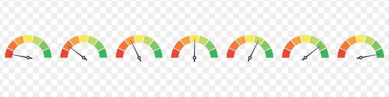 Set of speedometer, speed dial indicator. Green and red, low and high barometers,bad and good level or risk scale. Vector isolated illustration