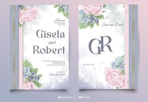 plantilla de invitación de boda de acuarela con adorno de flor rosa y verde vector