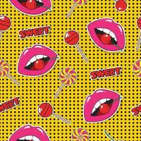 Seamless pattern with lips, cherry and lollypops in pop art style. vector